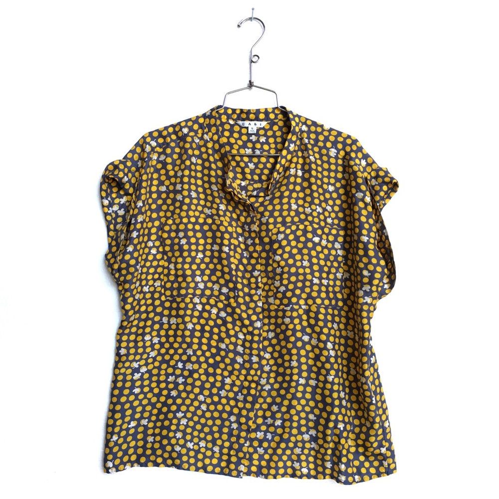 CAbi yellow polka dot silk blouse size small
